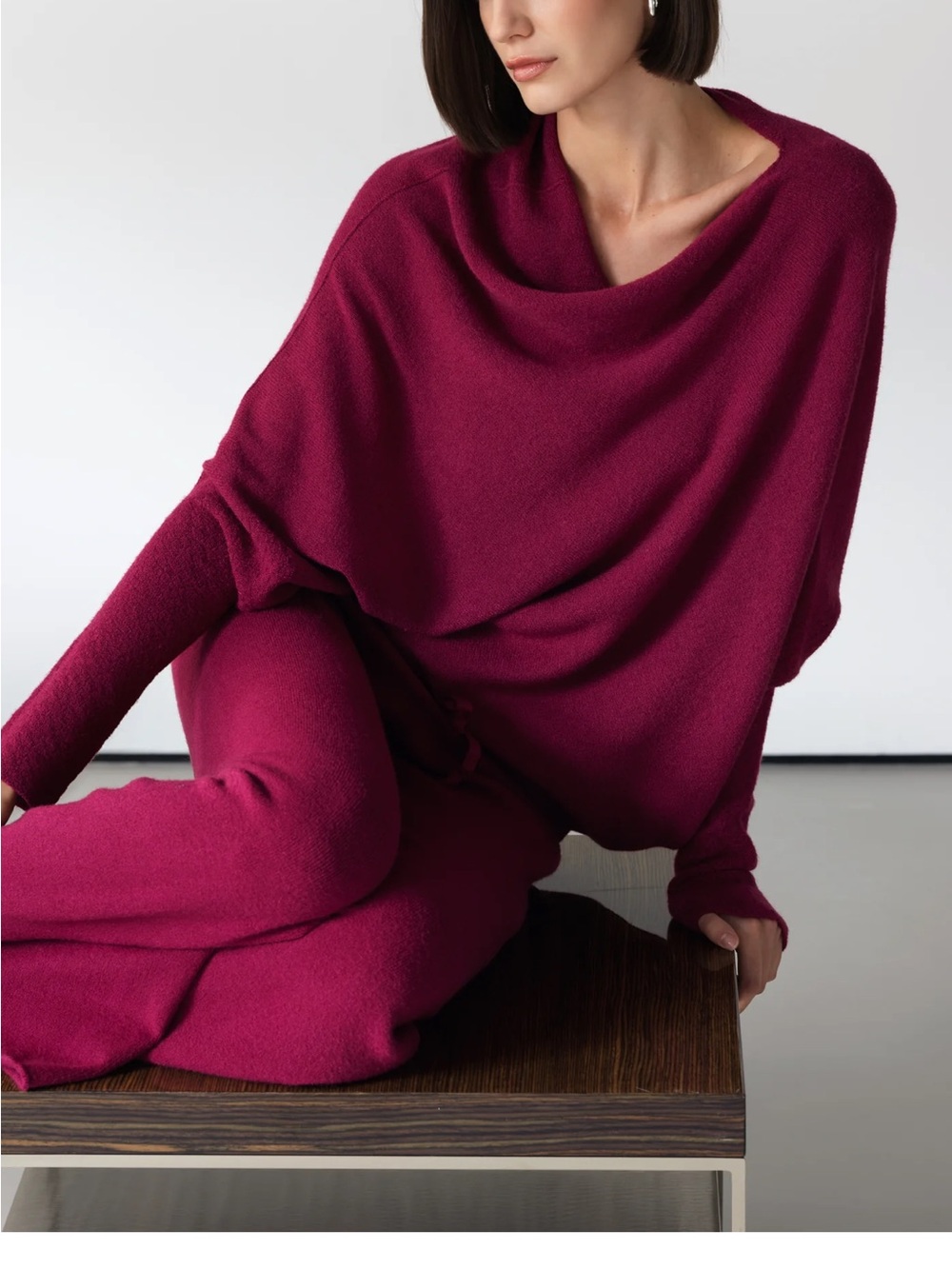 Jaki London Italian Asymmetric Draped | Burgundy | Seamless Knit